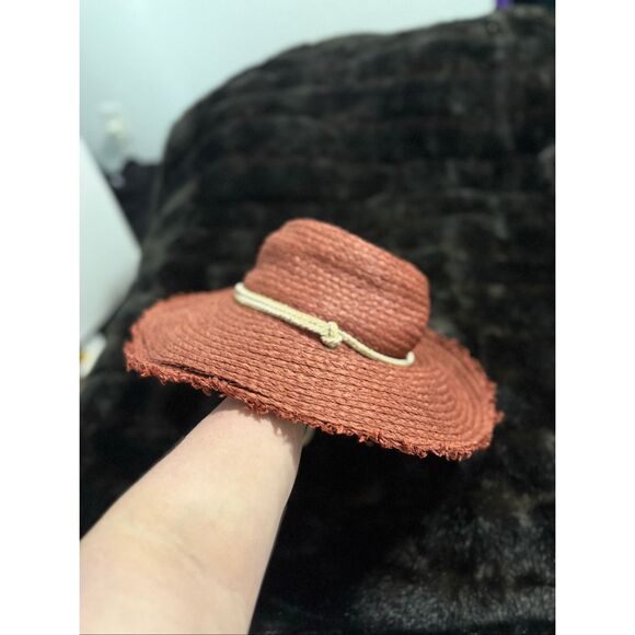 Frye Red Raffia Straw Wide Brim Raw Edge Woven Sun Hat OS